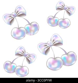 Abstract girly seamless pattern in Y2K style. Three-dimensional Pearl Cherry with Bows on White background. 3d holographic retro template. Chrome bubble art. Stock Vector