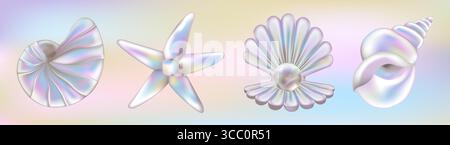 3d Pearl Seashell sticker set in Y2K style. Three-dimensional Scallop, SeaShells, Starfish and Nautilus. Holographic retro icons, realistic vector illustration on gradient background. Stock Vector