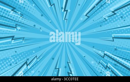 Background from cartoon comics. Colorful comic book contest poster with halftone and lightning elements. Stock Vector