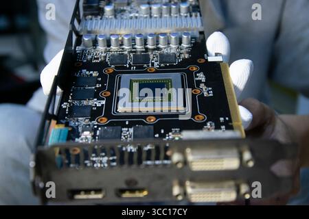 Technician holding a graphics card, computer parts, circuit repair Stock Photo
