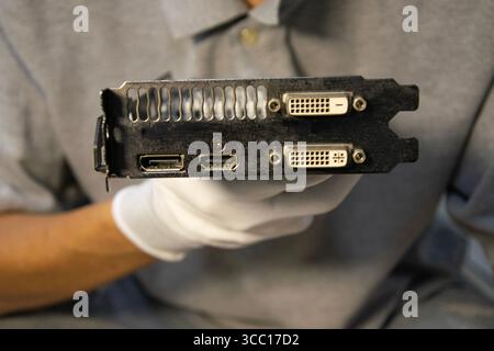 The image shows the connection ports of a computer graphics card. Stock Photo