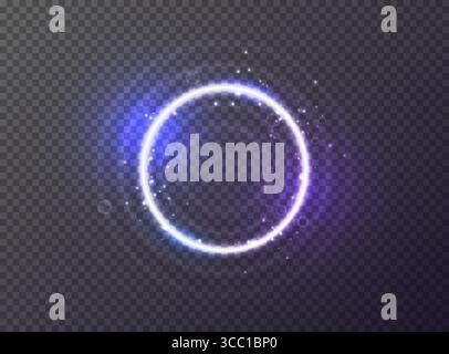 Abstract glow sparkling neon ring on translucent background. Shine round frame light circles, sparks and blue and purple light effect. Vector glowing Stock Vector