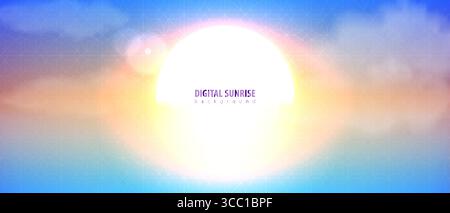 Sunrise tech modern background. Bright sun cloud landscape. Morning sky color geometrical pattern retro light effect. Sunlight abstract horizontal Stock Vector