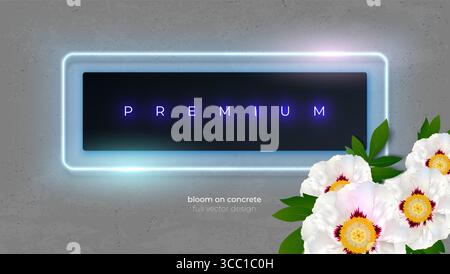 Luxury abstract black label sign with blue backlight, glow neon line frame on concrete wall background. Bouquet of white peonies flowers on foreground Stock Vector