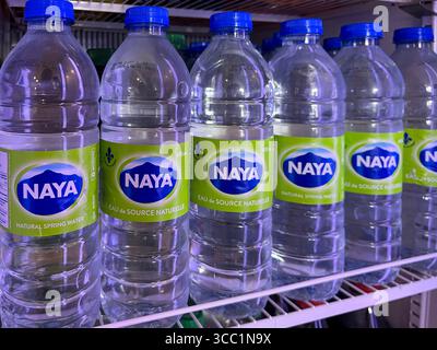 Vaughan, Ontario, Canada - July 28, 2025: Naya natural spring water in plastic bottles on refrigerator shelf Stock Photo