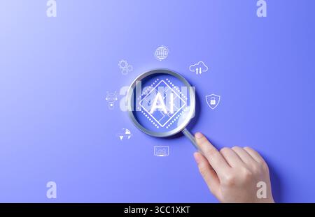 AI Artificial Intelligence technology concept. Hand holding magnifying glass focusing on AI chip on blue background. AI prompt generator, Stock Photo