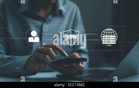VPN server network security internet privacy encryption concept. Encrypted connection VPN (virtual private network). Man using smartphone with app web Stock Photo