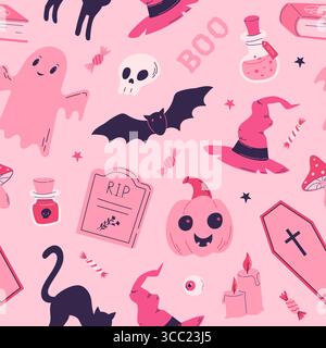 Pink magic halloween seamless pattern with spirit, witch hat, pumpkin, grave, bat, cat. Barbiecore style vector illustration Stock Vector