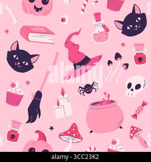 Pink magic halloween seamless pattern with cat, witch hat, pumpkin,broom, potion, mushroom. Day of the dead barbiecore style vector illustration Stock Vector