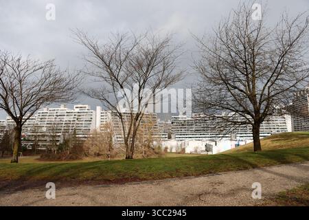 Buildings surrounding the Munich Olympiapark in Munich, Germany in January 2024. Photo by Raquel G. Frohlich. Stock Photo