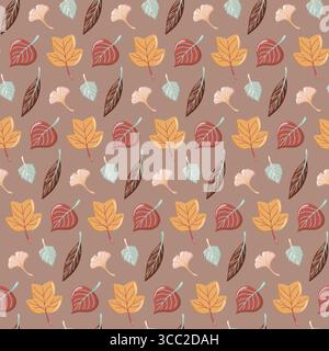 Seamless autumn pattern with ginkgo, tulip tree and birch leaves on warm brown background. Vector foliage background.  Stock Vector