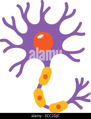 Bright neuron in purple and orange, showing nerve cell structure with axon and dendrites for educational use Stock Vector