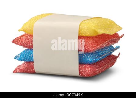 stack of colorful cleaning sponges or scouring pads with blank paper band wrapped around isolated white background, mock-up template Stock Photo