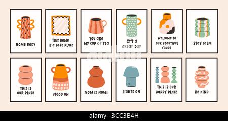 Dopamine decor interior poster big set. Trendy wall arts with different objects in simple flat style. Modern naive interior decorations, paintings Stock Vector
