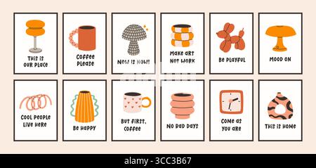 Dopamine decor interior poster big set. Trendy wall arts with different objects in simple flat style. Modern naive interior decorations, paintings Stock Vector