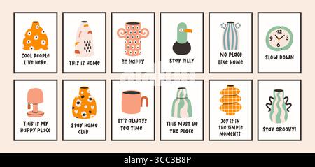 Dopamine decor interior poster big set. Trendy wall arts with different objects in simple flat style. Modern naive interior decorations, paintings Stock Vector
