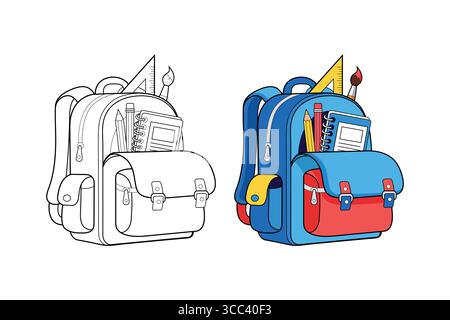 Kids School Bag Coloring Page Vector Illustration Stock Vector