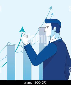 Professional businessman pointing at rising arrow on a growth chart symbolizing success investment and business growth Stock Vector