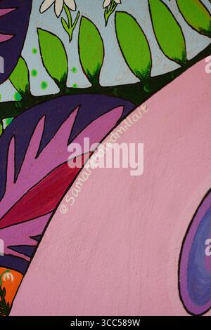 Colorful Abstract Mural Featuring Organic Shapes and Nature Motifs. art by Samantha Redmill Art. Salisbury, England Stock Photo