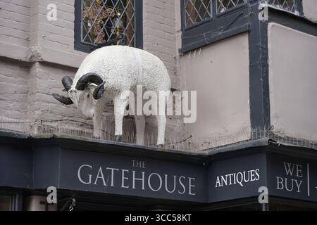Outdoor Decorative Storefront with White Ram Statue Overlooking ...