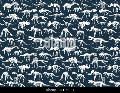 The seamless blue background with dinosaur skeletons. Stock Vector