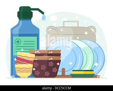 Dishwashing Liquid Bottle with Dishes, Bowls, Crockery and Stainless Steel Cooking Pot for Kitchenware Cleaning Concept Illustration Stock Vector