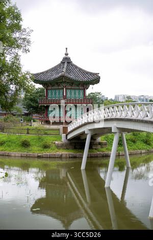 Hyangwonjeong Pavilion, a two stories hexagonal pavilion located on an artificial island in Hyangwonji Pond within Gyeongbokgung Palace in Seoul, Sout Stock Photo