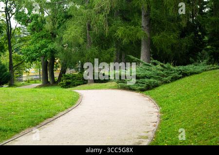 A peaceful, winding gravel path curves through a lush green park, flanked by manicured bushes and mature trees. This image evokes feelings relaxing. Stock Photo