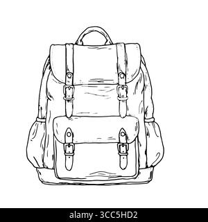 Travel backpack with straps and pockets, black and white sketch. Vector illustration. Isolated school backpack on a white background. Travel bag for Stock Vector