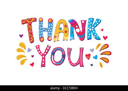 "Colorful Thank You Text Art with Flowers and Fun Designs" Stock Vector