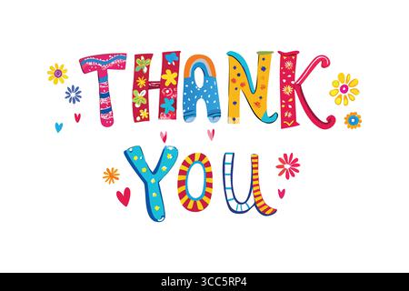 "Colorful Thank You Text Art with Flowers and Fun Designs" Stock Vector