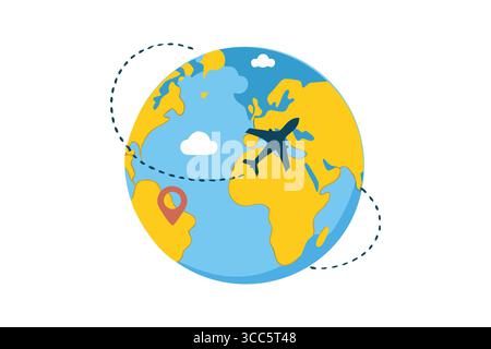 "Airplane Traveling Around the Globe with Location Pin and Clouds" Stock Vector