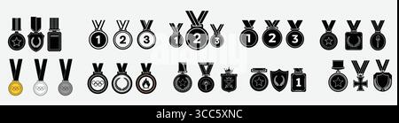 Gold Silver Bronze Medal with Ribbon First Second Third Place Awards for Competition, Game, Sports Achievement. Stock Vector