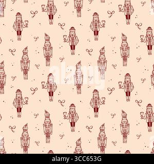 Whimsical hand-drawn Christmas seamless pattern with Nutcracker. Vector pattern in red color Stock Vector