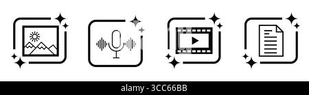 AI Generate Button Icon Set for Creating Image, Video, Audio and Text with Artificial Intelligence Symbols for App, UI, Website, Transparent Vector Stock Vector