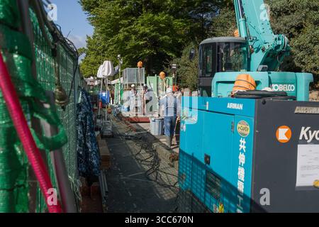 Busy construction site featuring workers in protective gear operating heavy machinery under clear skies and surrounded by trees, highlighting industri Stock Photo