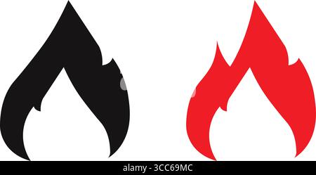 Minimalist Flame Icon Silhouette Duo Black and Red Stylized Fire Symbols Stock Vector