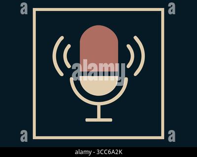 Vintage styled microphone icon in square frame on dark background. concept of podcast, broadcast, communication, sound recording, media, audio, voice, Stock Vector