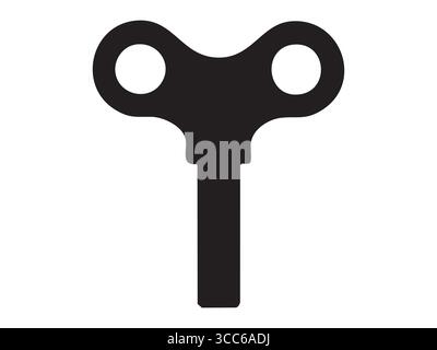 Black silhouette of vintage wind-up key on white background. concept of retro toy mechanism, clockwork, antique, nostalgia, icon, logo, design element Stock Vector