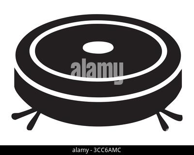 Black silhouette of robotic vacuum cleaner, isolated on white background. concept of cleaning technology, smart home appliance, icon, logo, futuristic Stock Vector