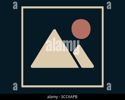 Flat minimal landscape icon with mountains and sun in square frame isolated on dark background. Concept of gallery picture, image placeholder, symbol, Stock Vector