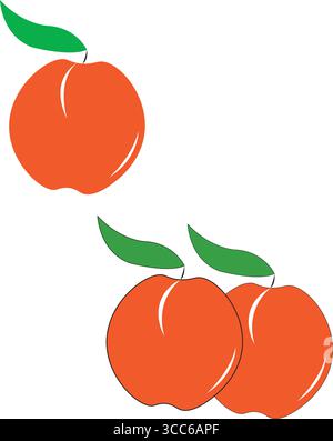Peach Trio Illustration – Fresh Fruit Clipart with Green Leaves Stock Vector