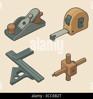 A compact block plane and tape measure paired with a combination square, speed square, and wooden marking gauge, drawn in a clean flat style. Stock Vector