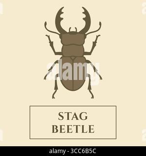 A dark stag beetle with oversized mandibles presented on a cream field with a title plate. Stock Vector