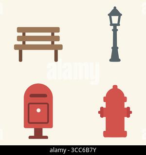 Four streetscape elements illustrated in a clean style: a wooden bench, tall lamp post, red post box, and hydrant. Stock Vector
