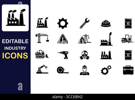 Modern industry icons set featuring factories, tools, machinery, safety, and workers for business. Stock Vector