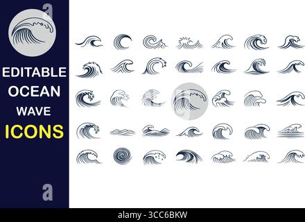 Dynamic ocean wave icons for modern design projects, capturing sea's power and flow Stock Vector