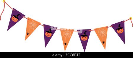 Halloween Holiday Festive bunting on rope with Pumpkin and cobweb in trendy purple and orange Design. Isolated Vector illustration Halloween Related content Greeting Thematic Cards, leaflet, post, tag Stock Vector
