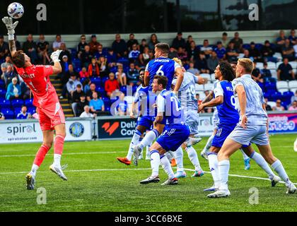 Max Fearnley Macclesfield goalkeeper makes a save  During the Enterprise National League North match between Macclesfield vs Worksop Town at the Leasi Stock Photo