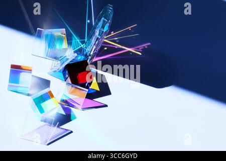 Prismatic Reflections. Colorful glass prisms casting vibrant shadows and reflections Stock Photo